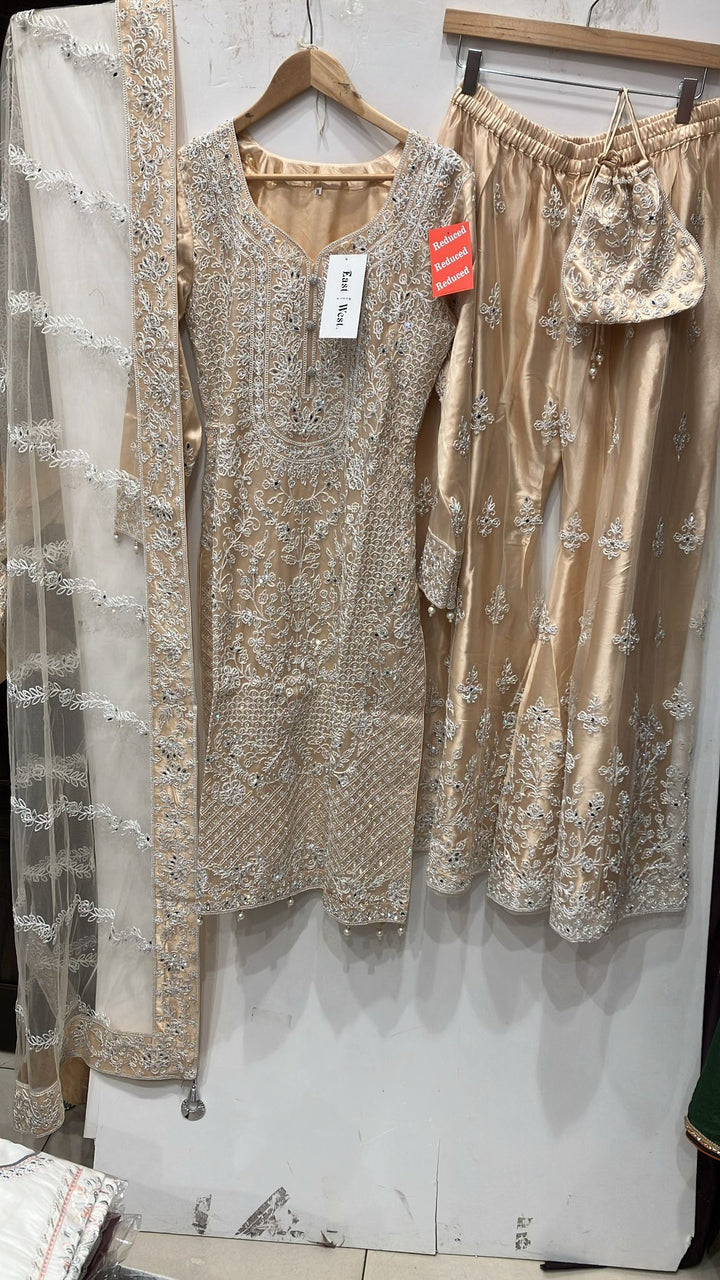178A -BEIGE GOLD EMBROIDERED & EMBELLISHED NET SUIT