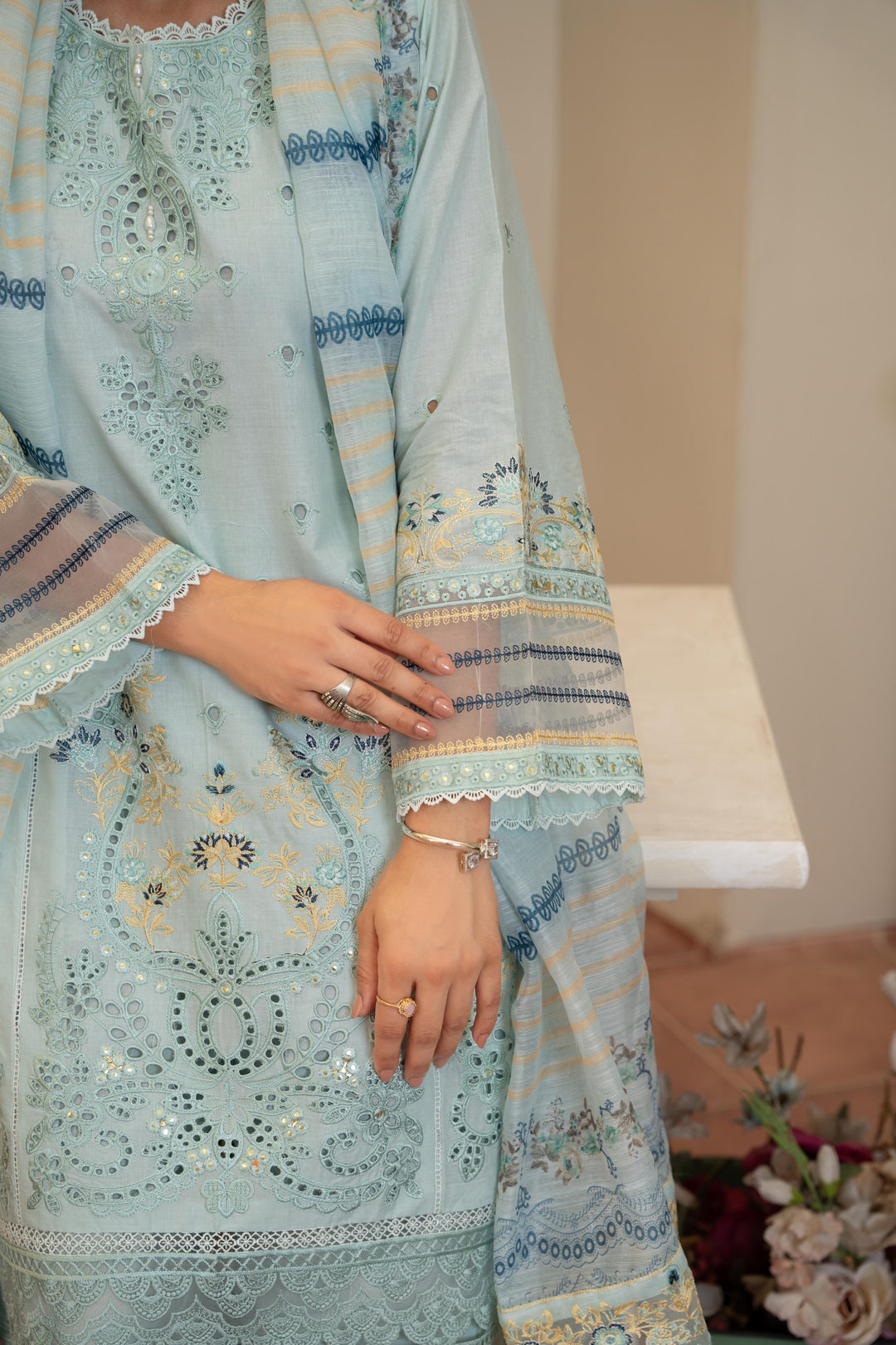 1142A - Light Green Embroidered Linen 3 Piece suit