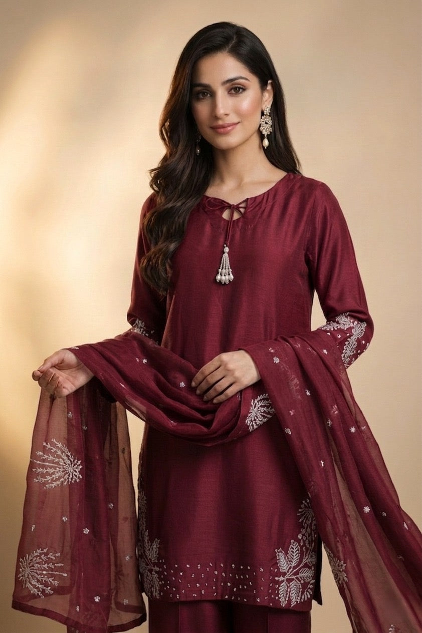 1179H - Maroon Embroidered Viscose 3 Piece suit