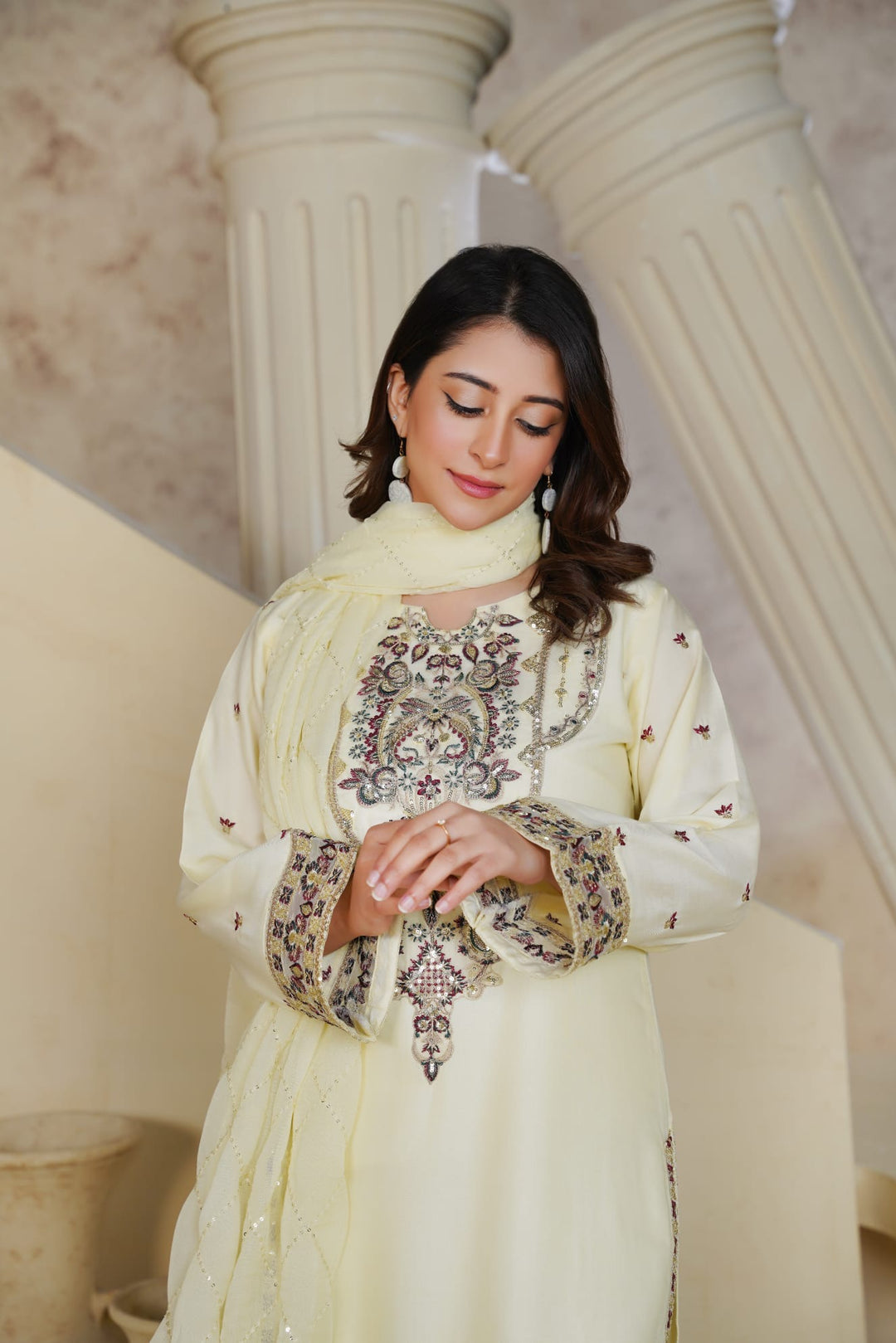 1162C - Cream Embroidered Linen 3 Piece Sharara suit