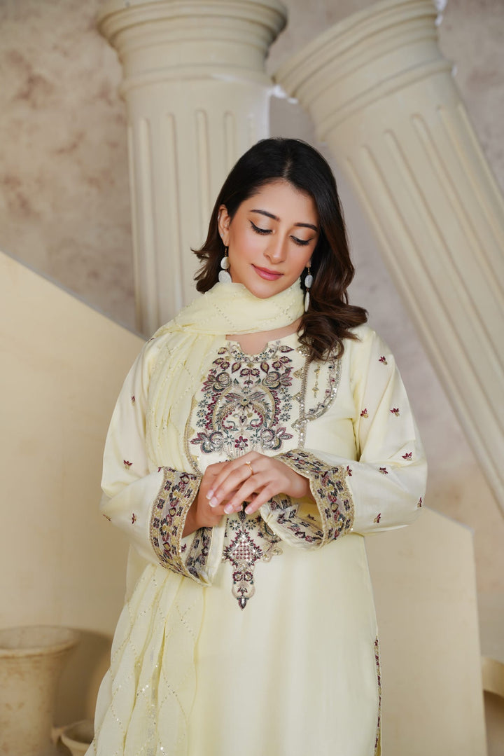 1162C - Cream Embroidered Linen 3 Piece Sharara suit