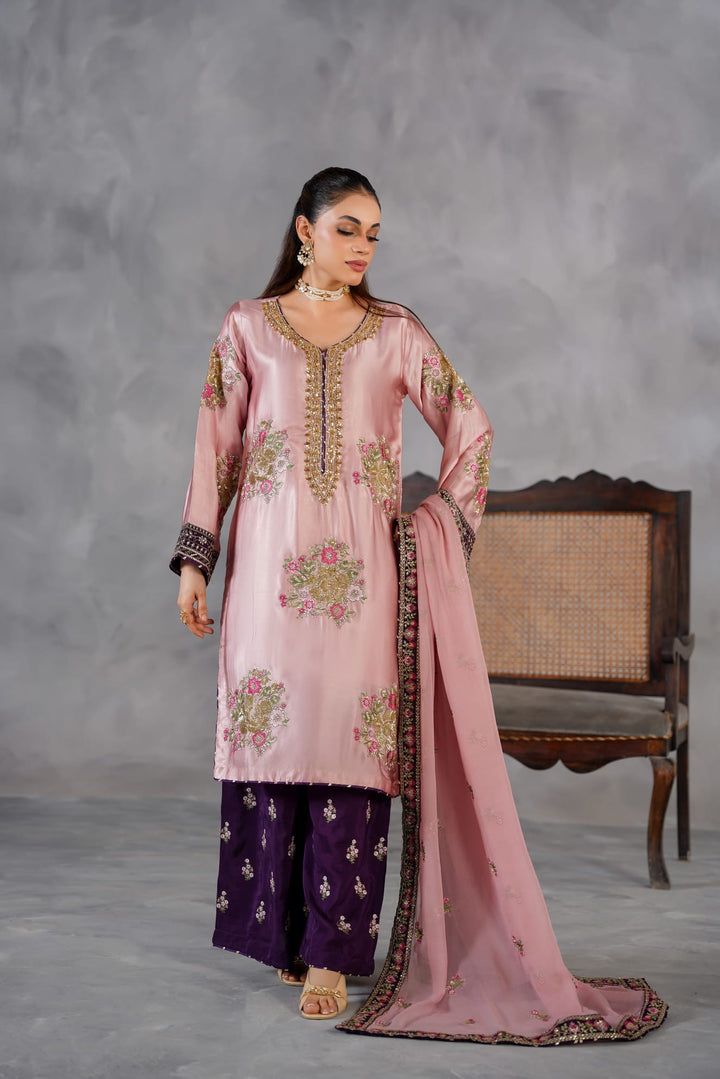 335G- Pink Embroidered Shamoz Silk 3 Piece Suit
