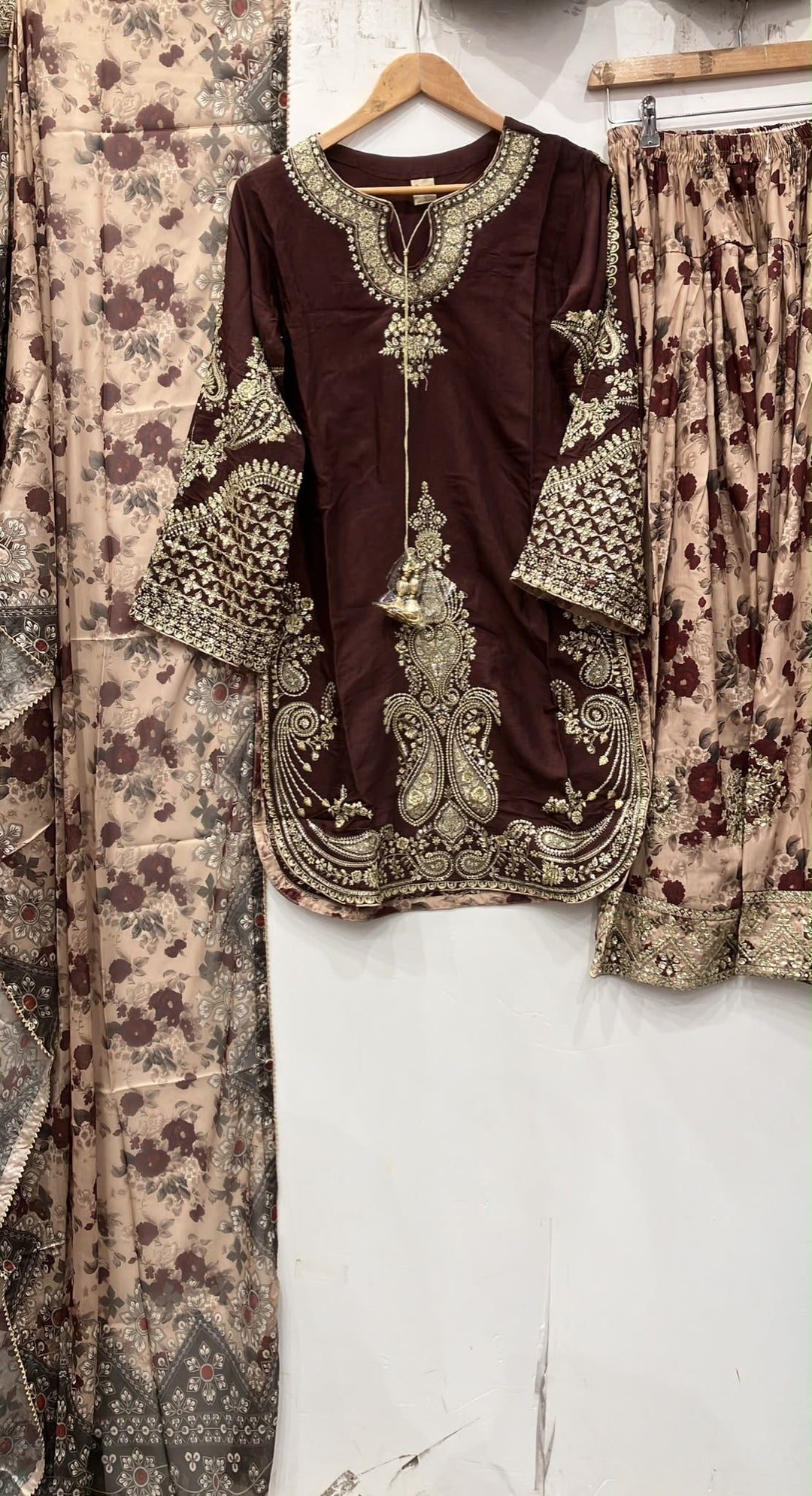 378B Brown Embroidered Viscose Pakistani Shalwar Suit - East meets west clothing 