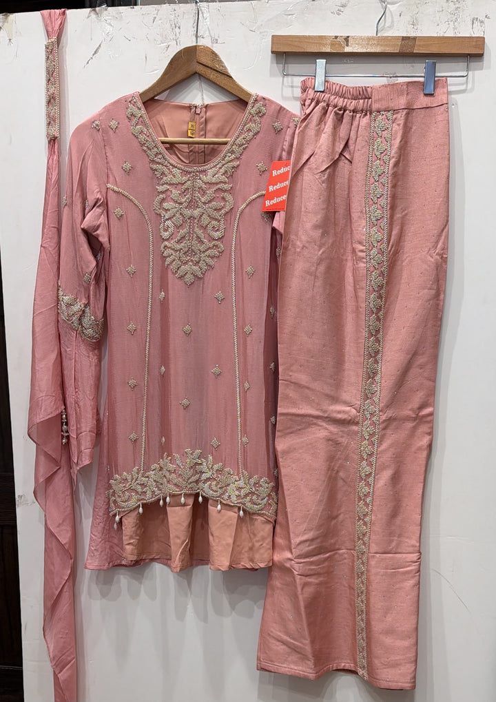 3117B Girls’ Pink Hand Embroidered Georgette suit with choker Dupatta