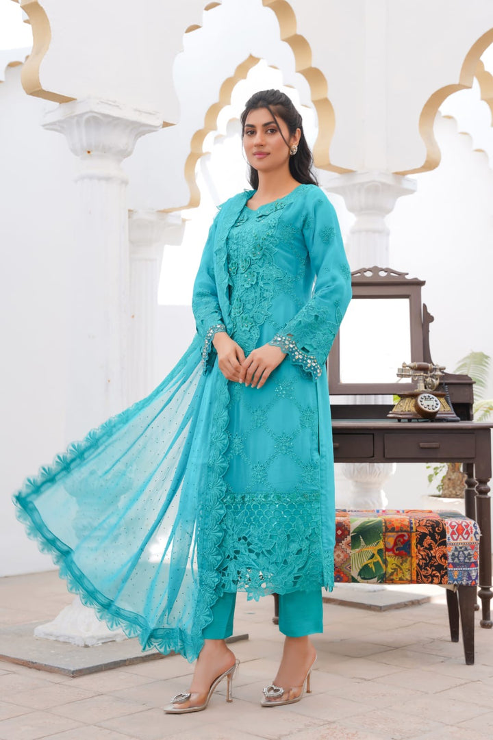355A - Maria b inspired Turquoise Embroidered chiffon suit