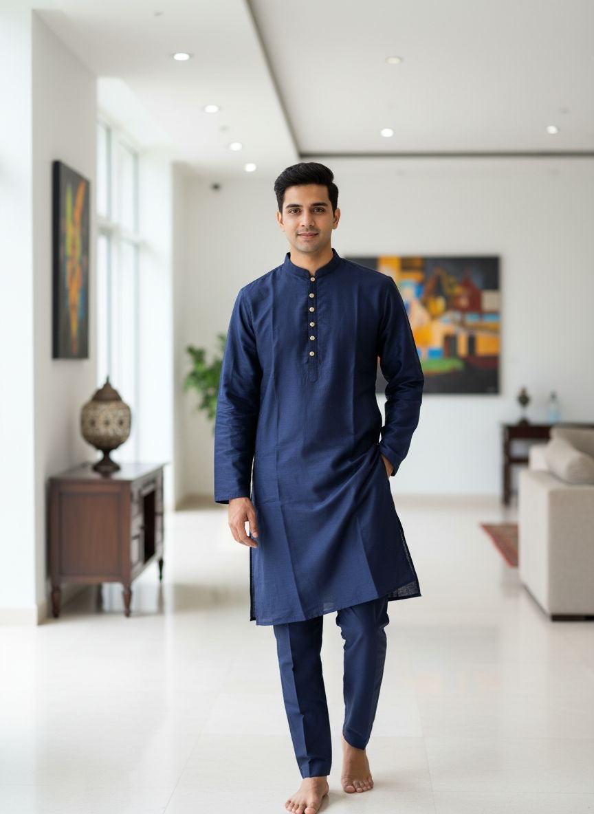 CK603C- Blue cotton satin kameez set for Men & Boys