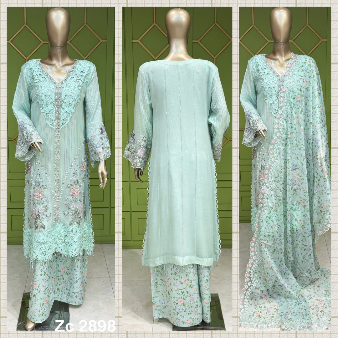 ZC2898D - Mint Green Maria B Inspired Embroidered Chiffon 3-Piece Suit