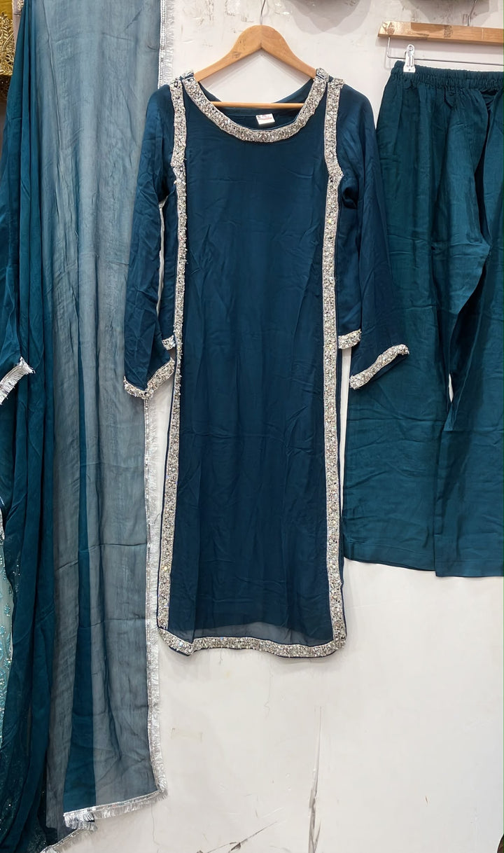 377C Teal Embroidered Chiffon Hand Work 3-Piece Suit