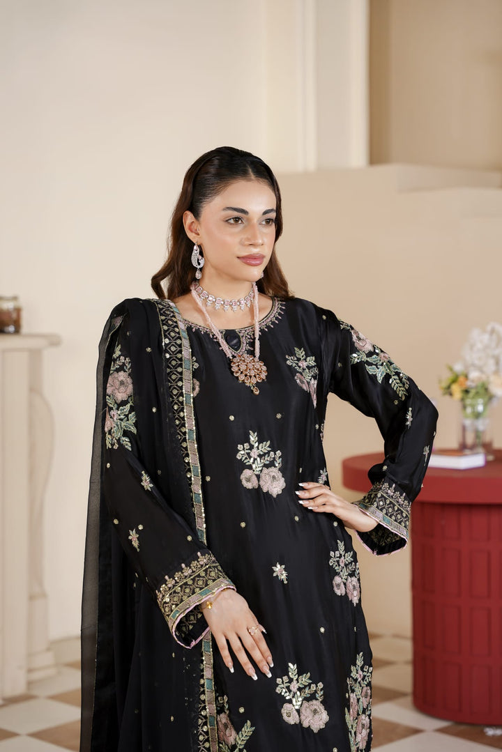 333B - Black Embroidered Shamoz Silk 3 Piece Suit
