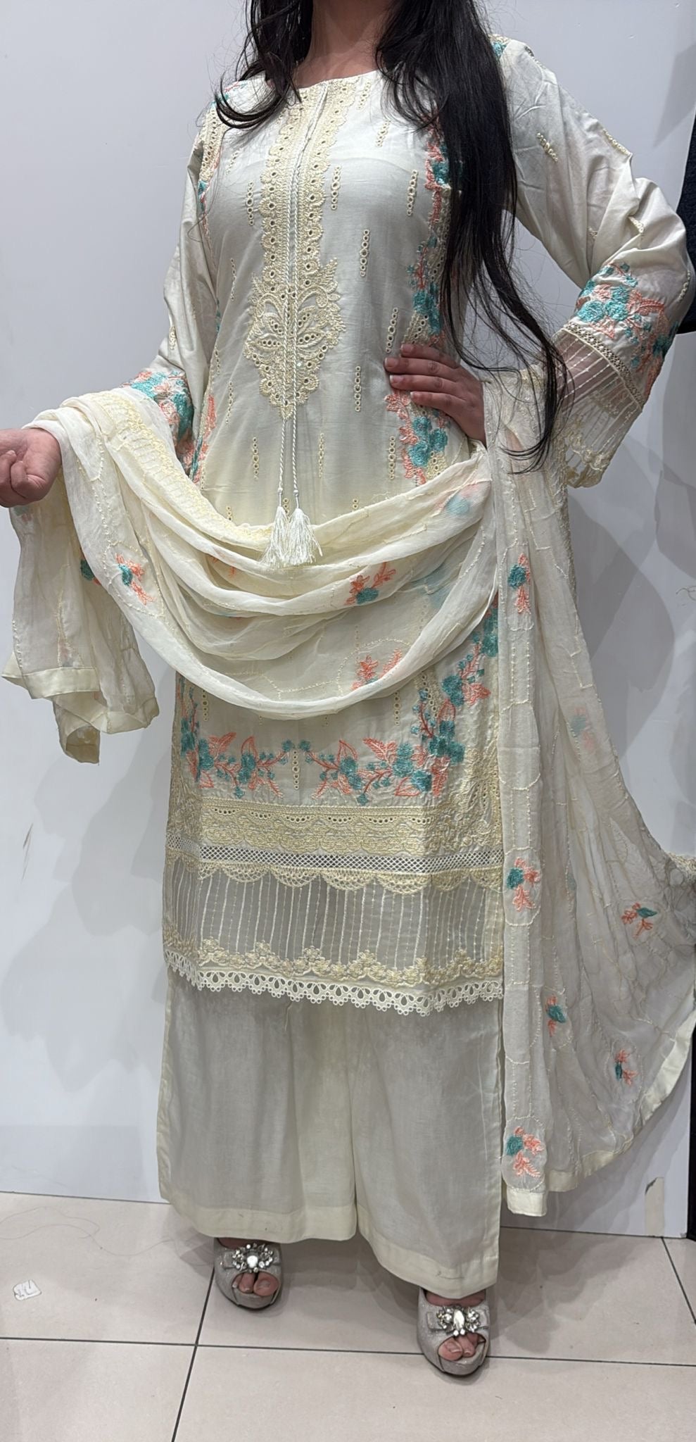 76D - Attire designer Cream Embroidered Cotton 3 piece suit