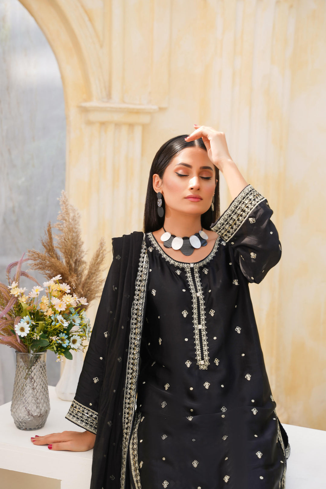 FN03 - Black Farshi Shalwar Silk Embroidered Suit