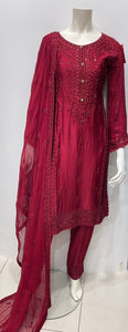 RED EMBROIDERED SILK 3 PIECE SUIT AG48A