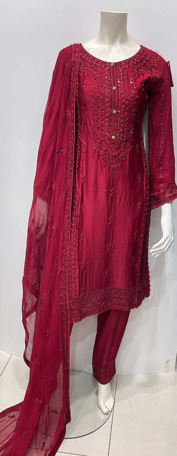 RED EMBROIDERED SILK 3 PIECE SUIT AG48A