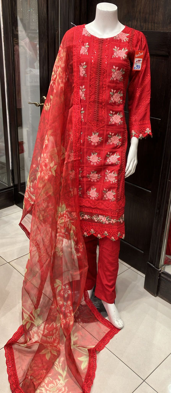 EMBROIDERED LINEN CHIKANKARI 3 PIECE SUIT 083A