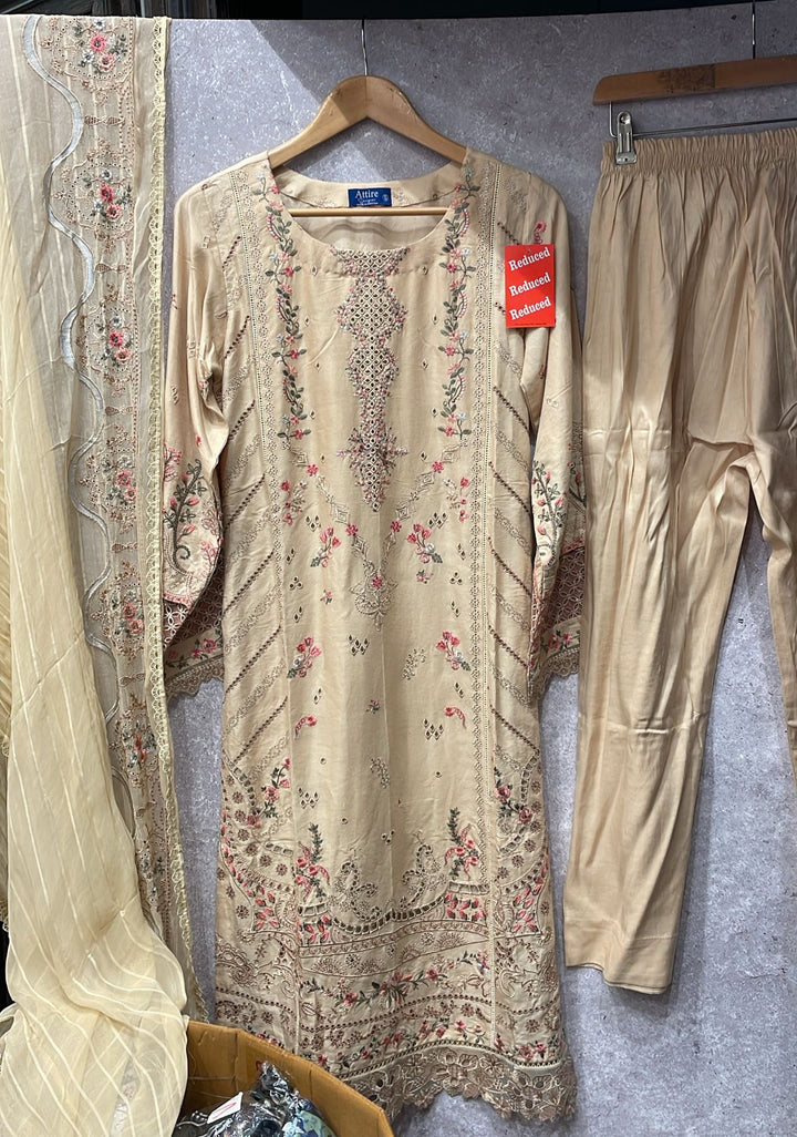 1144d - Beige Embroidered Cotton 3 Piece suit