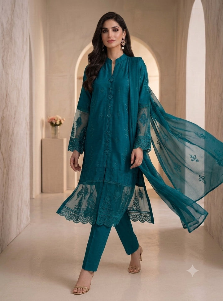 1114D - Teal Embroidered Linen 3 Piece suit