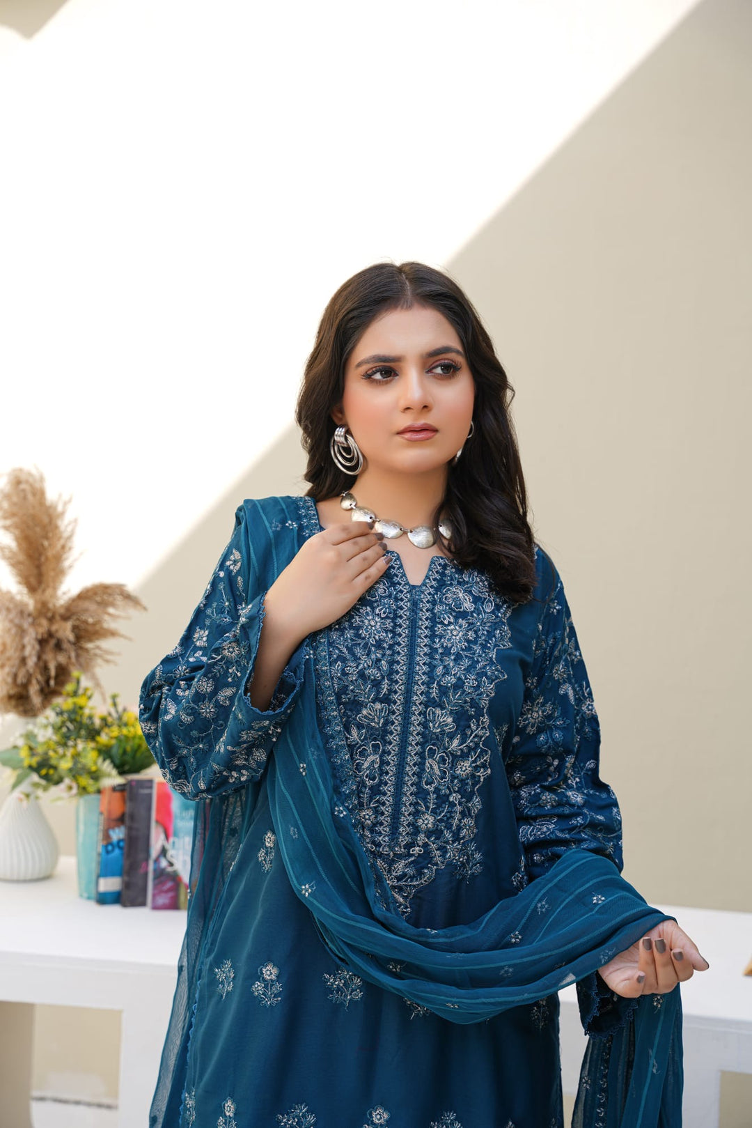 1164B- TEAL BLUE LINEN EMBROIDERED 3 PIECE SUIT FARSHI SHALWAR