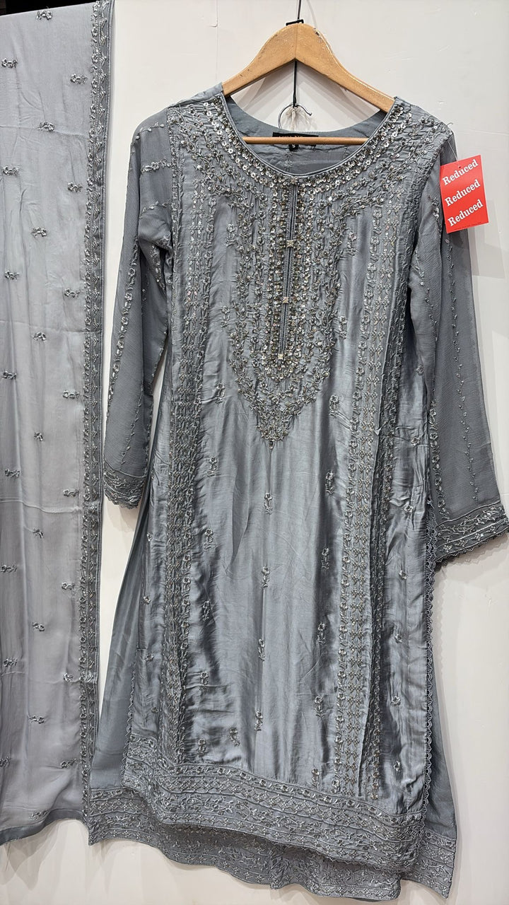 AG21a- GREY EMBROIDERED SILK 3 PIECE SUIT