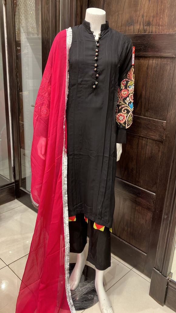 BLACK EMBROIDERED CHIFFON 3 PIECE SUIT 237A