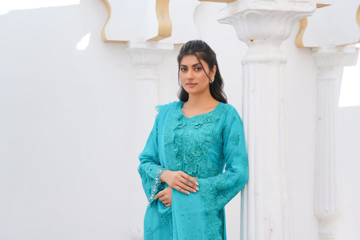 355A - Maria b inspired Turquoise Embroidered chiffon suit