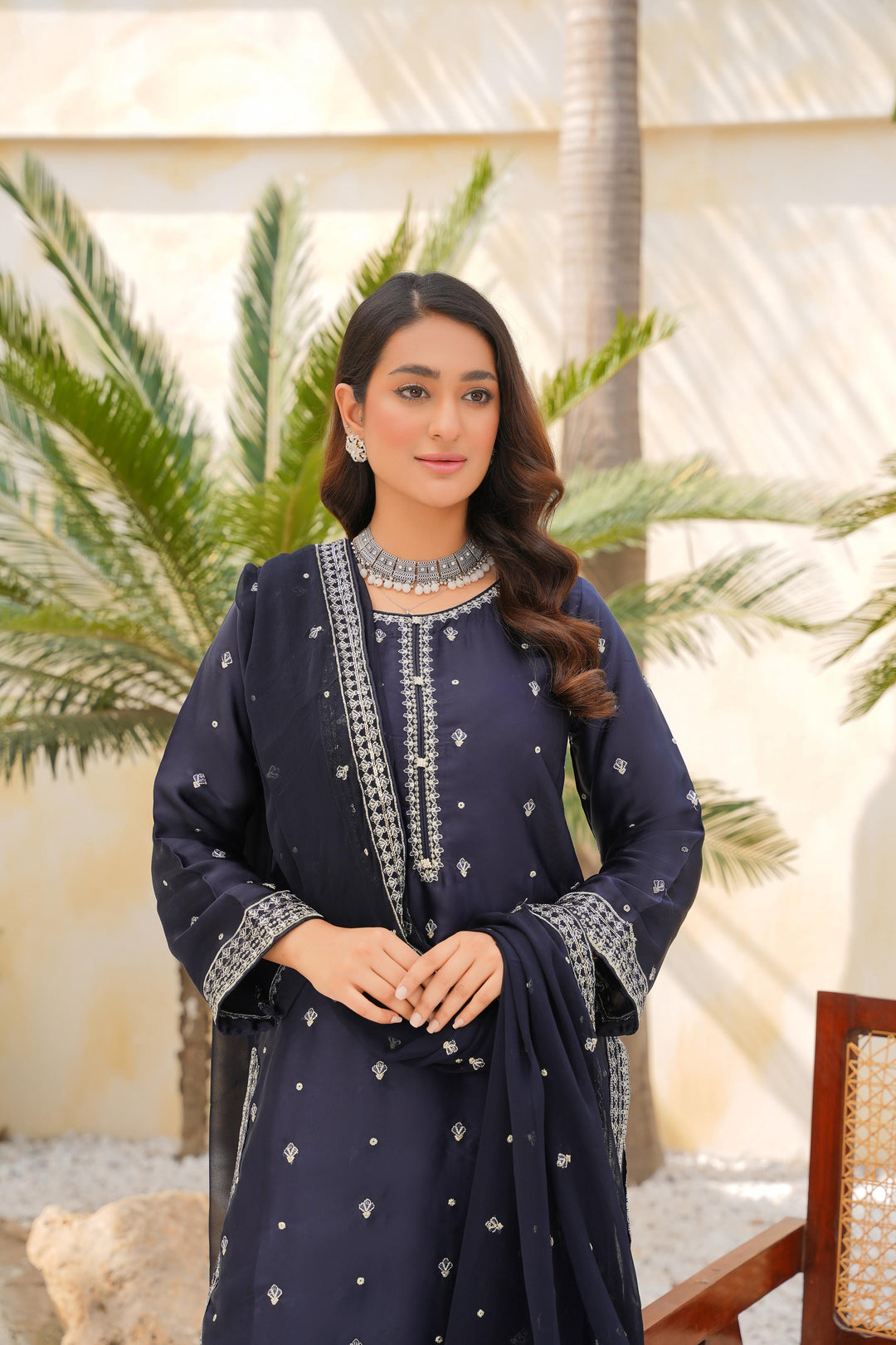 FN04 - Navy Blue Farshi Shalwar Silk Embroidered Suit