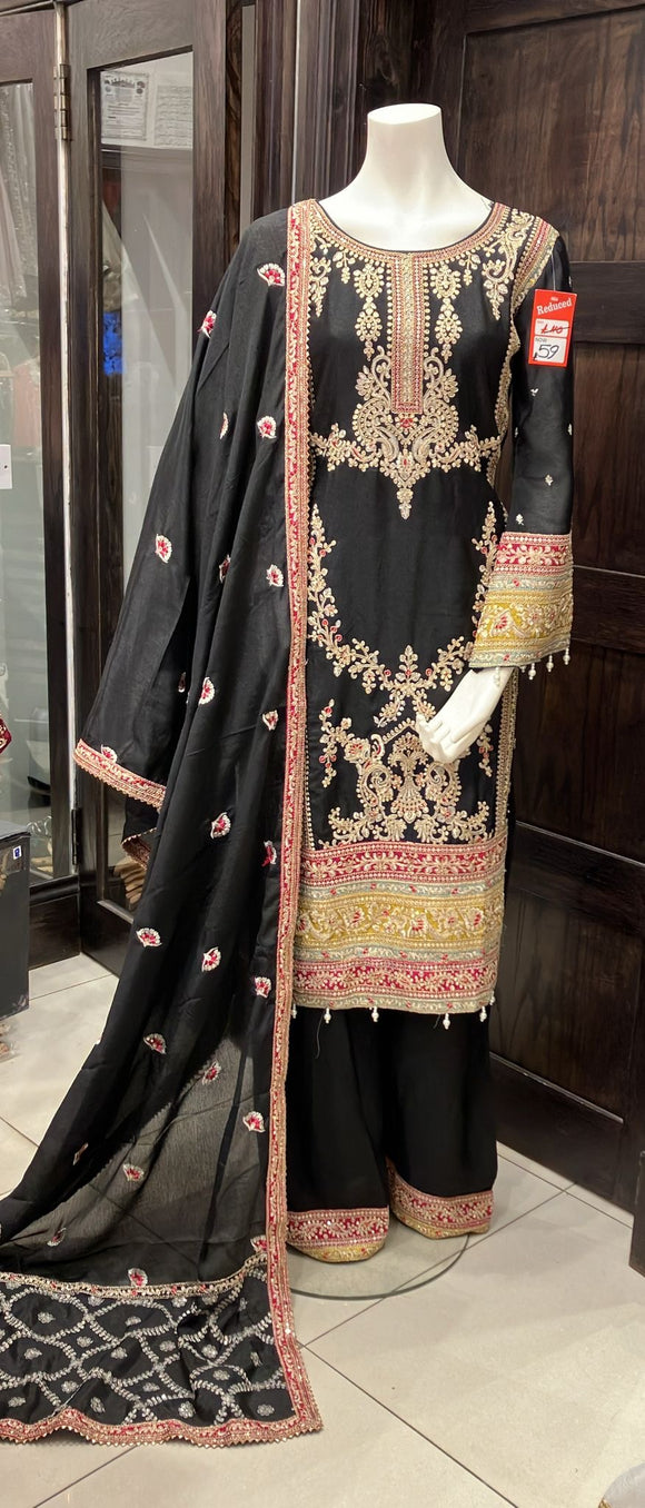 GULKAYRA BLACK EMBROIDERED SILK 3 PIECE SUIT 7406B