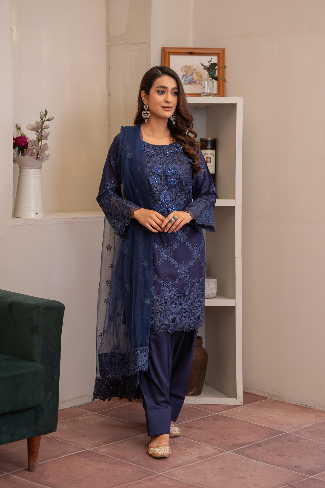 74L - Maria b inspired Blue Farshi Shalwar Embroidered Linen suit