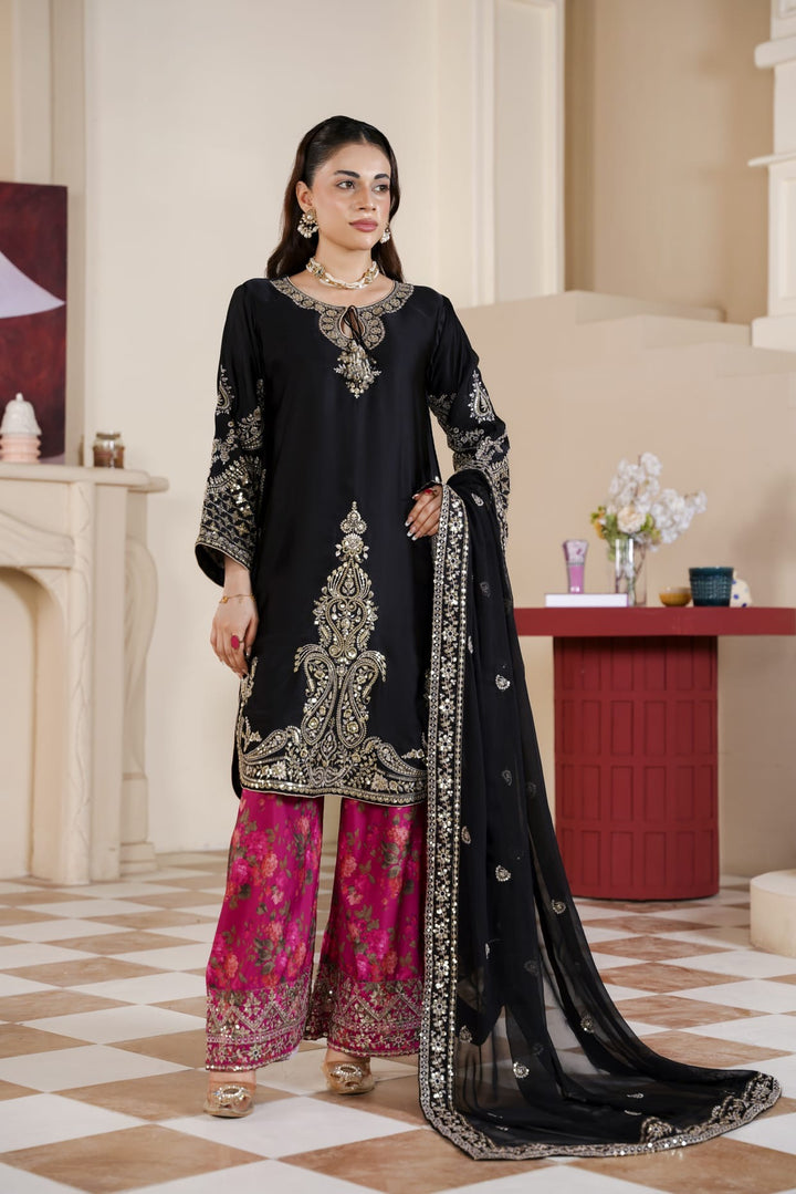 333C - Black/Pink Embroidered Shamoz Silk 3 Piece Suit