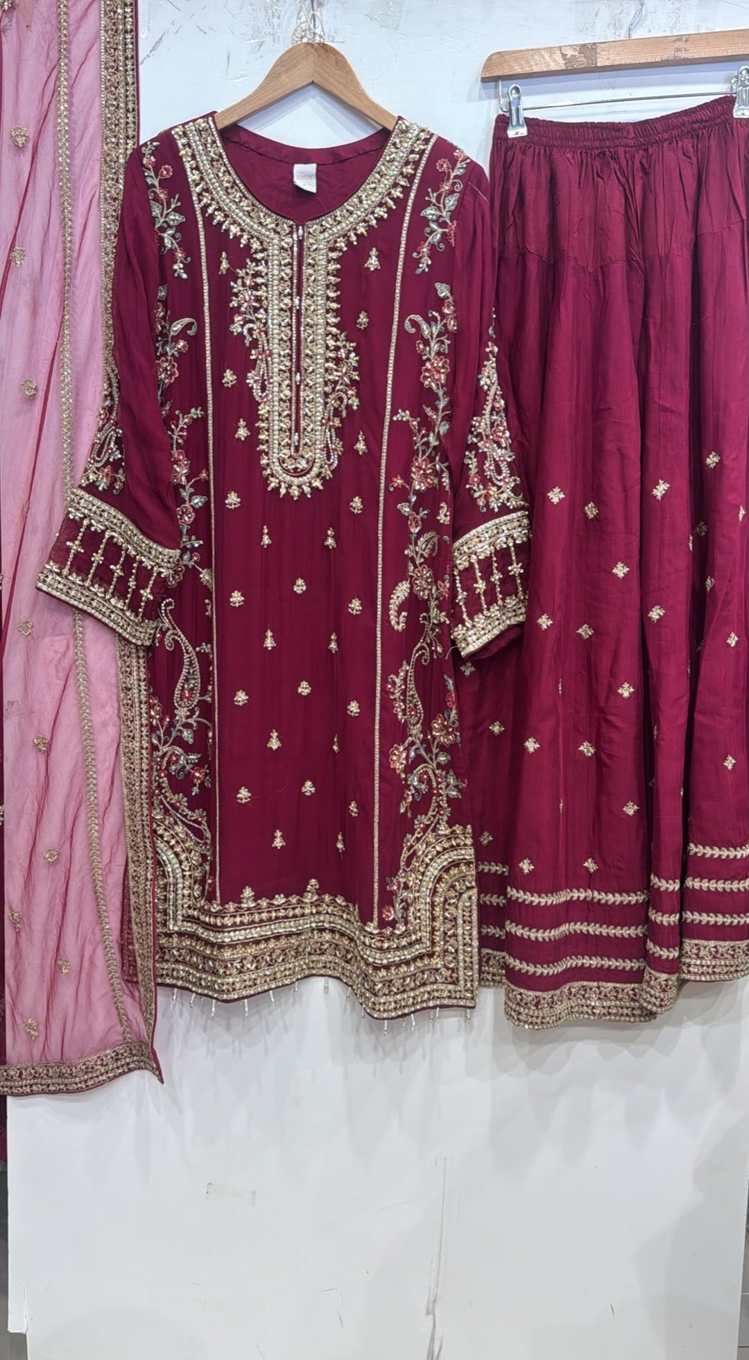 344A- Plum Embroidered Chiffon 3 Piece Suit