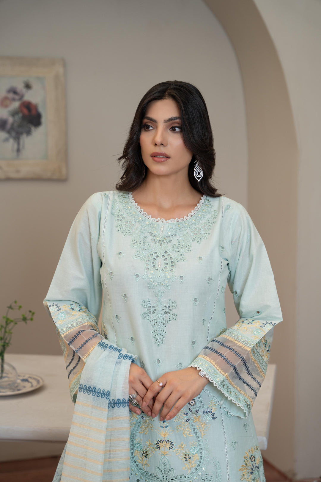 1142A - Light Green Embroidered Linen 3 Piece suit
