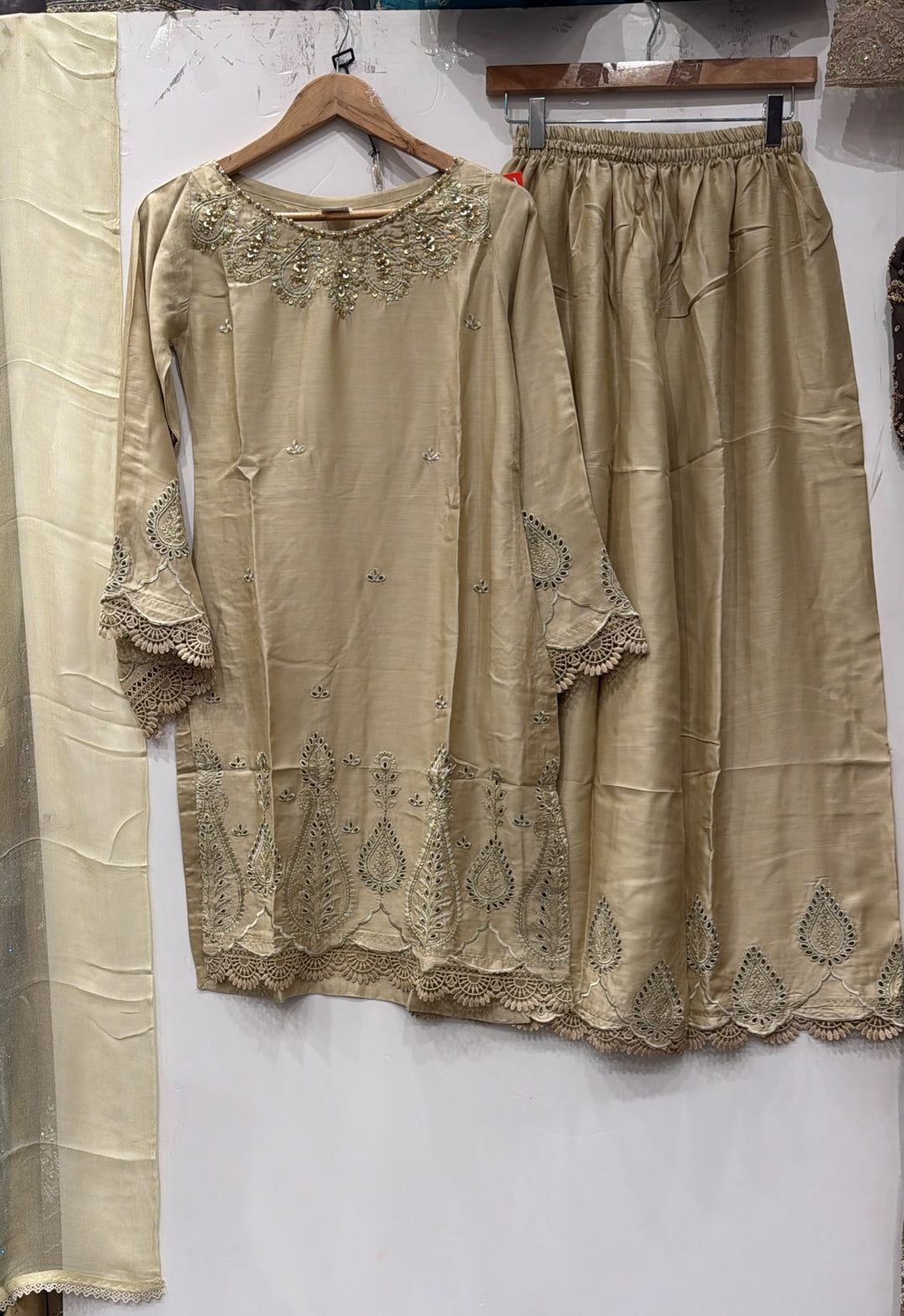 1134A - Beige Viscose Embroidered Pakistani Suit with Palazzo & Chiffon Dupatta