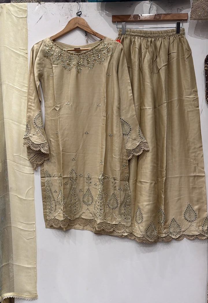 1134A - Beige Viscose Embroidered Pakistani Suit with Palazzo & Chiffon Dupatta