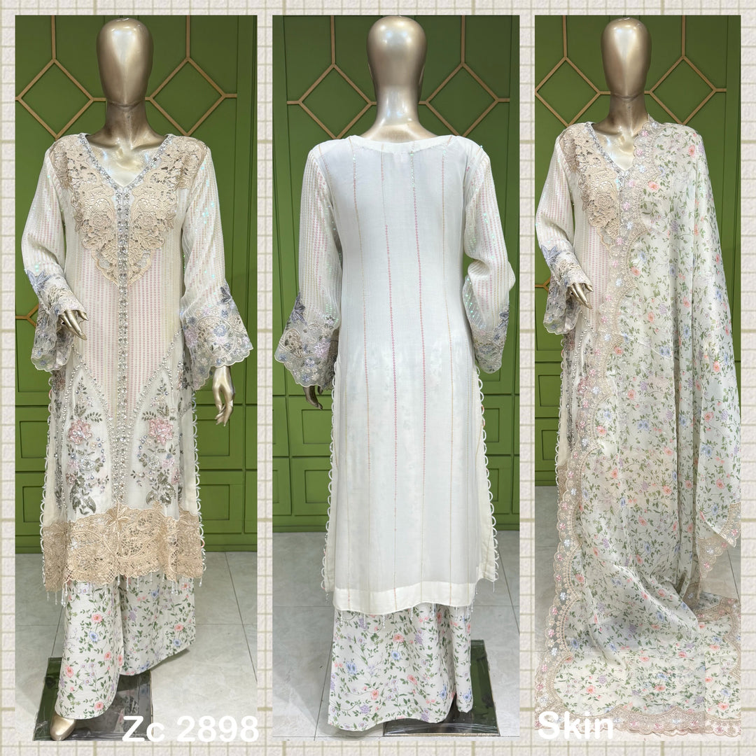 ZC2898C - Light Beige Maria B Inspired Embroidered Chiffon 3-Piece Suit