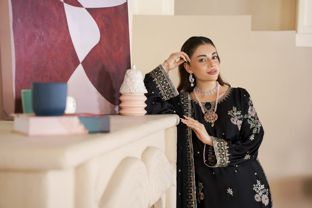 333B - Black Embroidered Shamoz Silk 3 Piece Suit