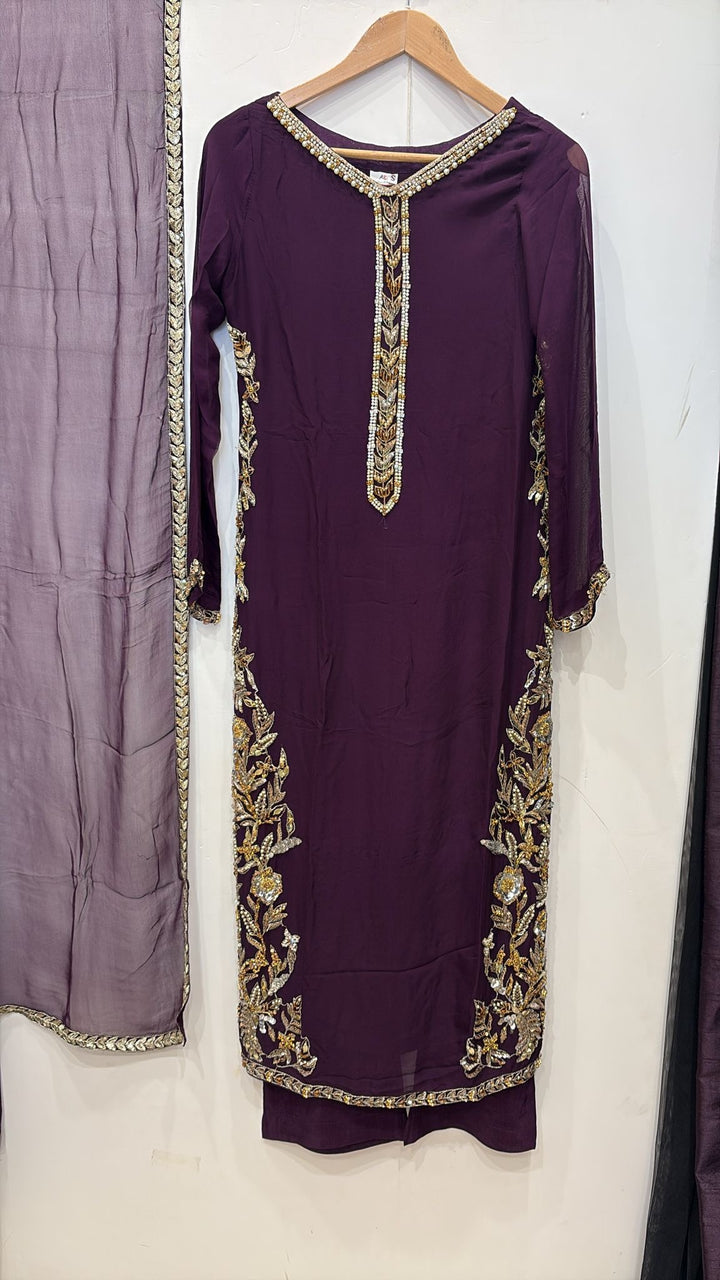 323A - PURPLE CHIFFON EMBROIDERED ADDA WORK SUIT
