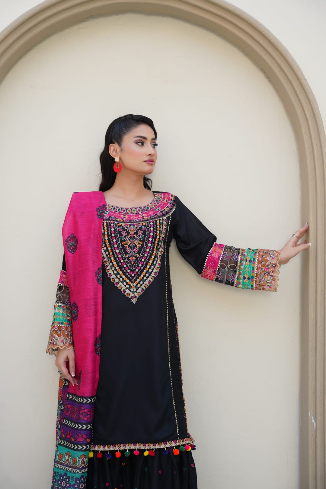 1169C - Black Embroidered Linen Cotton 3 Piece Gharara suit