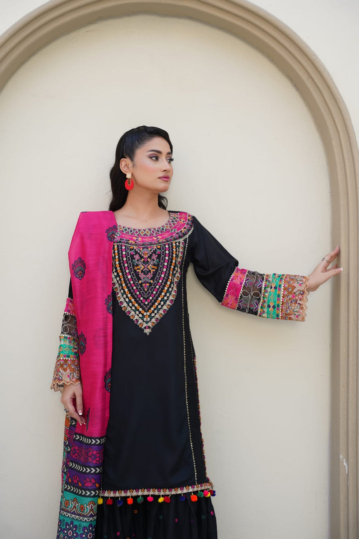 1169C - Black Embroidered Linen Cotton 3 Piece Gharara suit