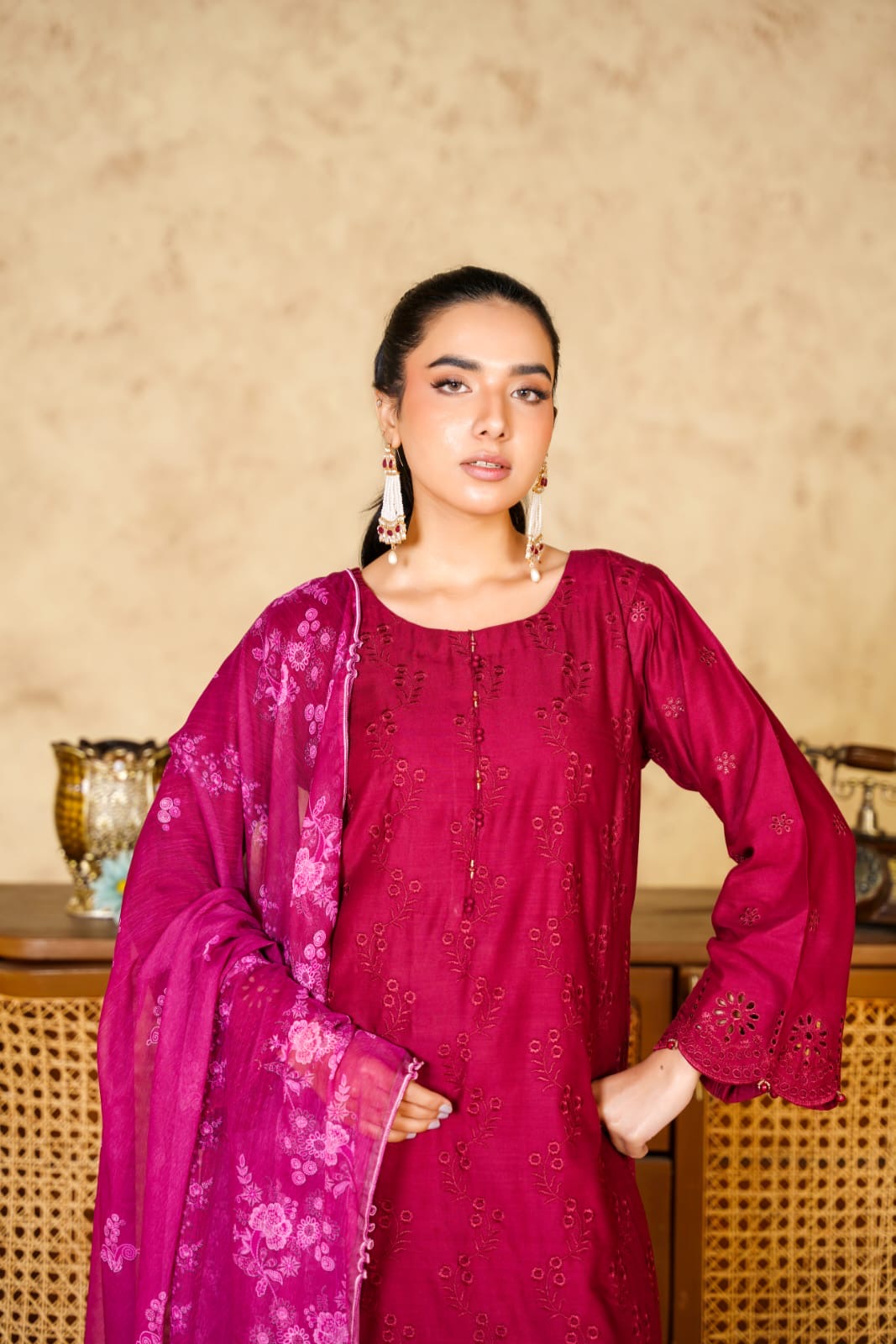 1167F- RED LINEN CHIKANKARI 3 PIECE SUIT