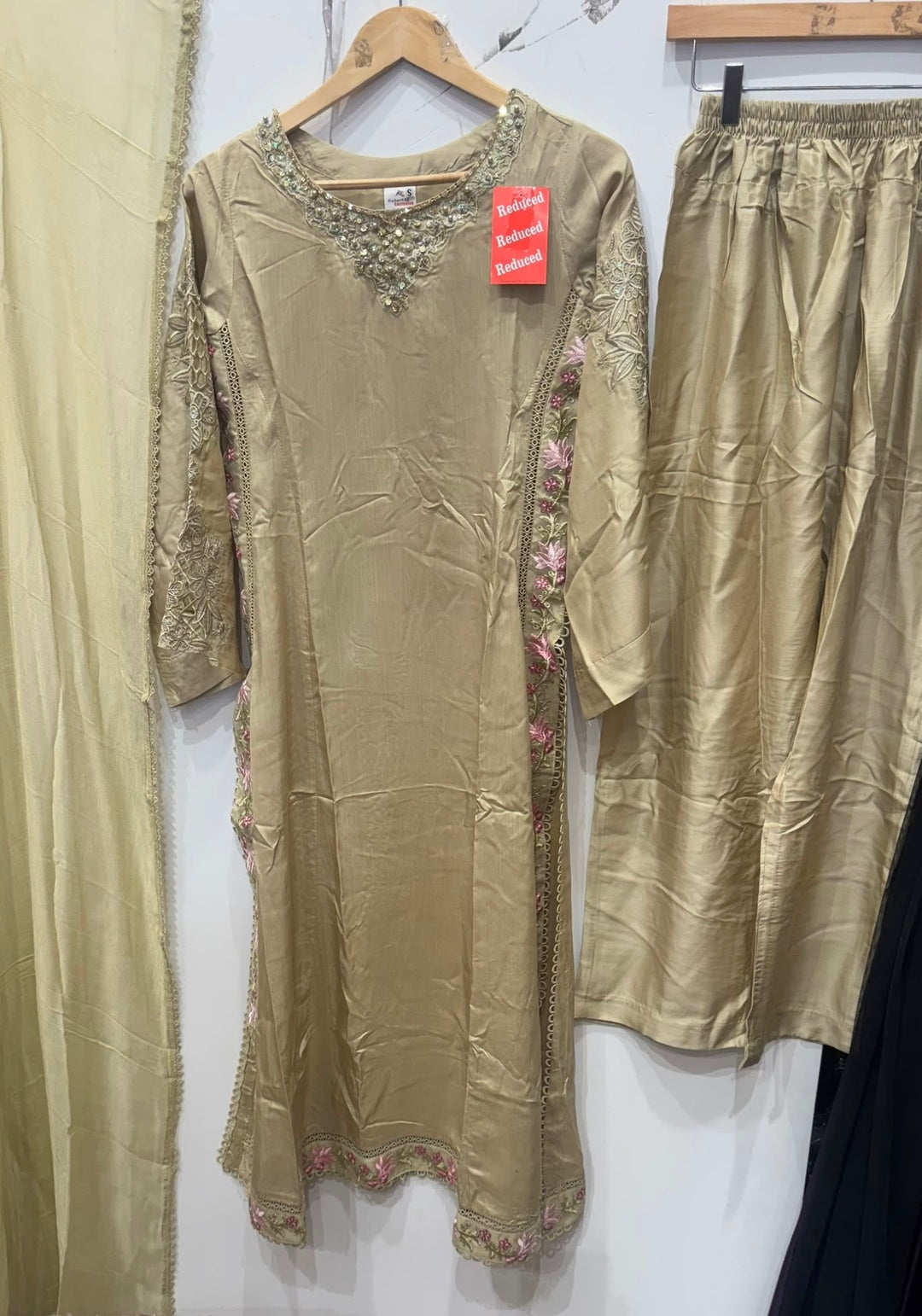 1123B - Beige Embroidered Viscose Pakistani Suit with Chiffon Dupatta - East meets west clothing 