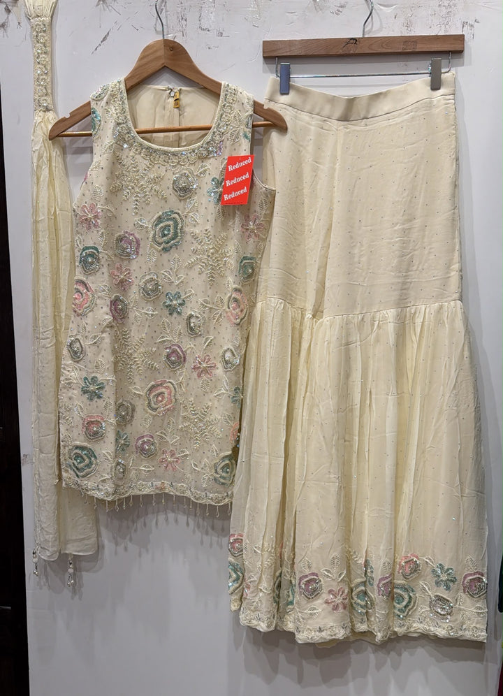 3115C Girls’ Cream hand Embroidered Georgette Sharara dress with choker Dupatta