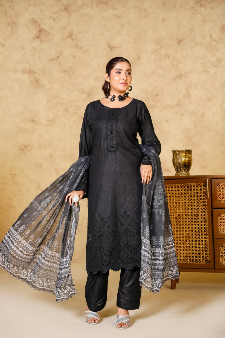 1167C - BLACK LINEN CHIKANKARI 3 PIECE SUIT