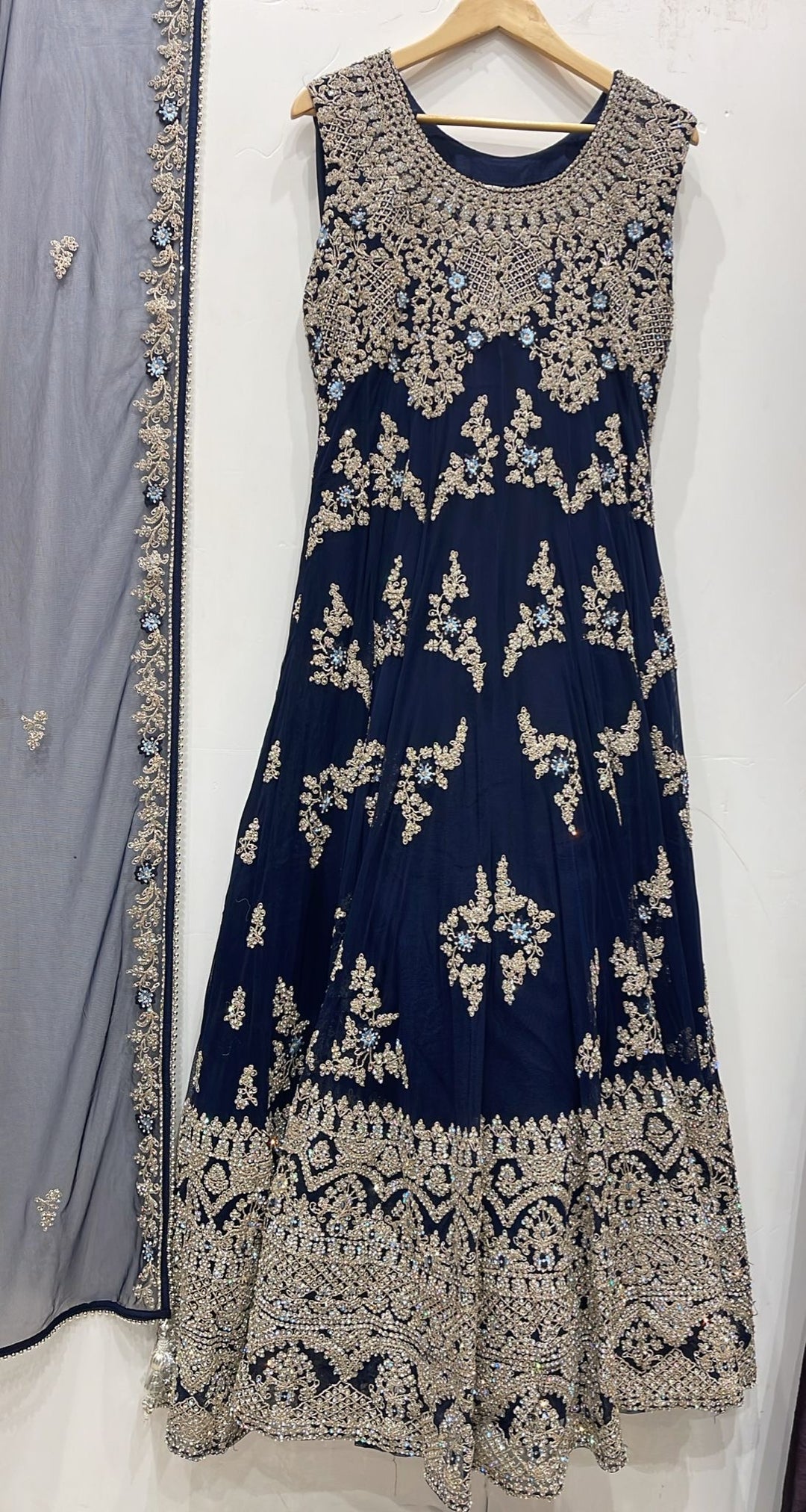 7015B- Blue Embroidered & Embellished net long dress