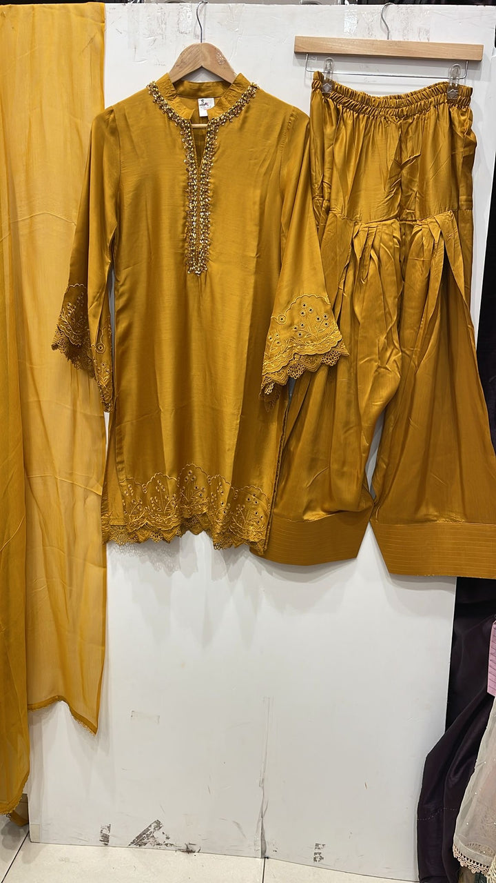 NF05 - Mustard Farshi Shalwar Embroidered linen suit