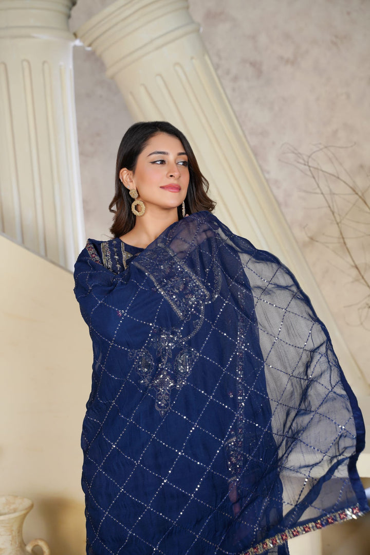 1162D - Blue Embroidered Linen 3 Piece Sharara suit