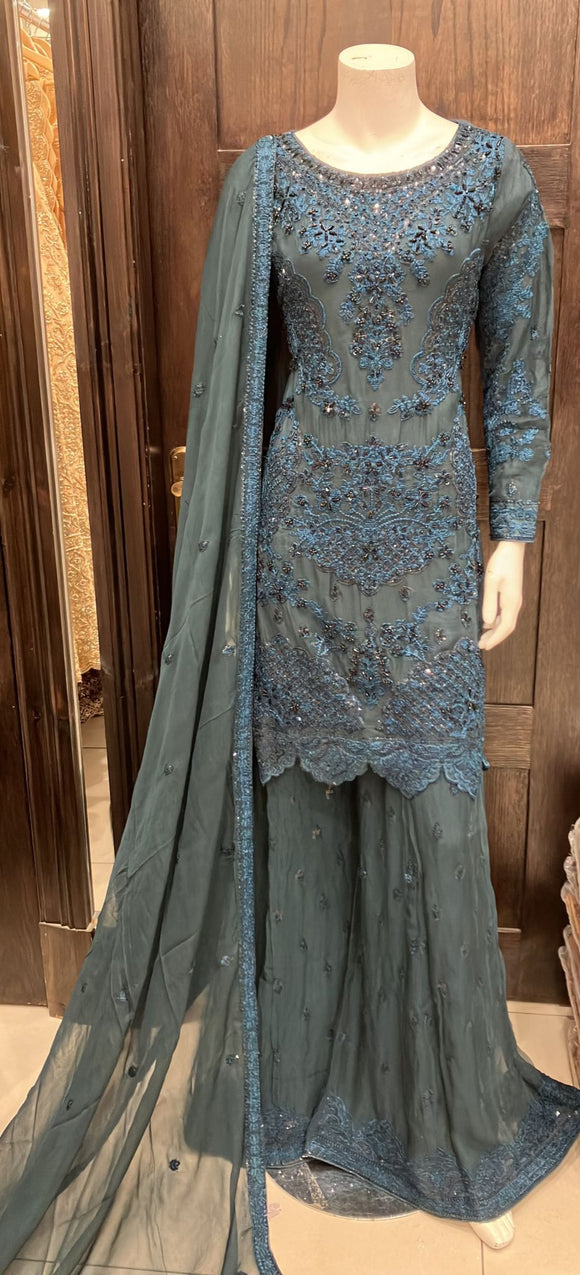 EMBROIDERED CHIFFON 3 PIECE SHARARA SUIT 492A