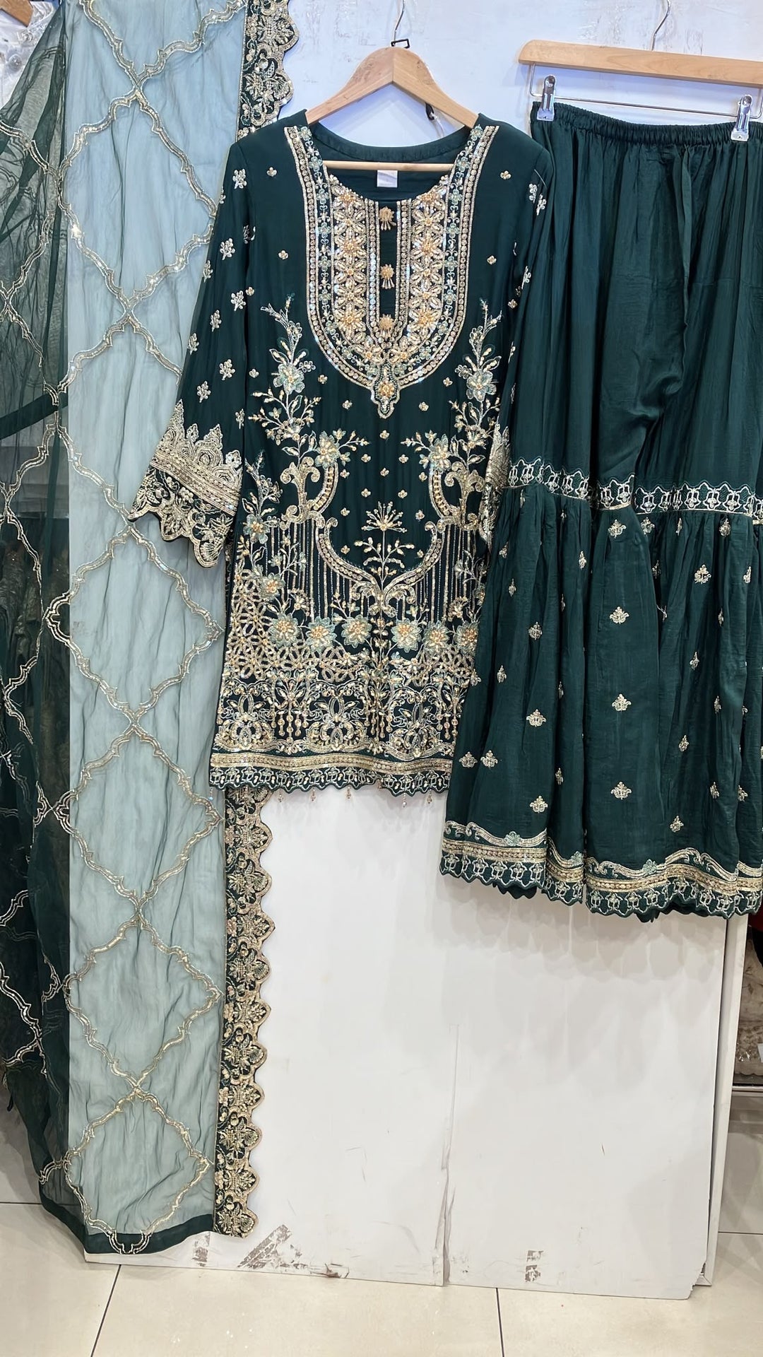 359B - Green Embroidered Chiffon Gharara 3 Piece Suit