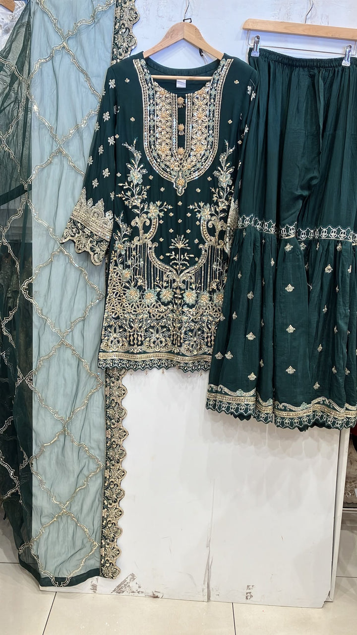 359B - Green Embroidered Chiffon Gharara 3 Piece Suit