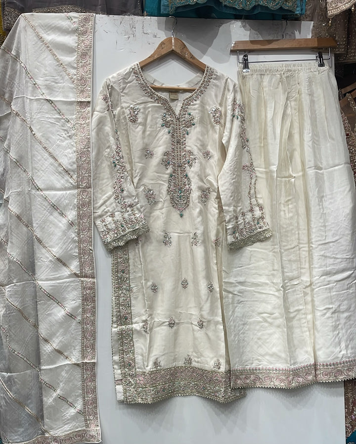 2005A - Ivory Viscose Silk Adda Hand Work Pakistani Suit - East meets west clothing 