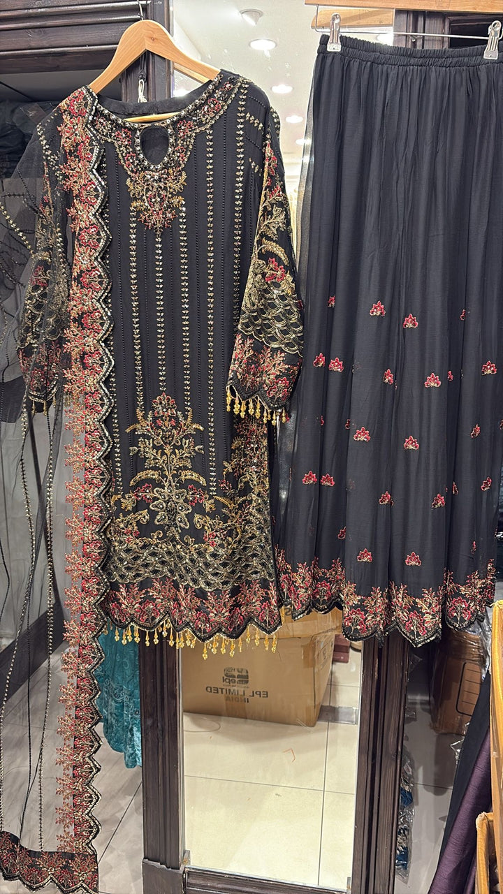 334C - BLACK CHIFFON EMBROIDERED SUIT
