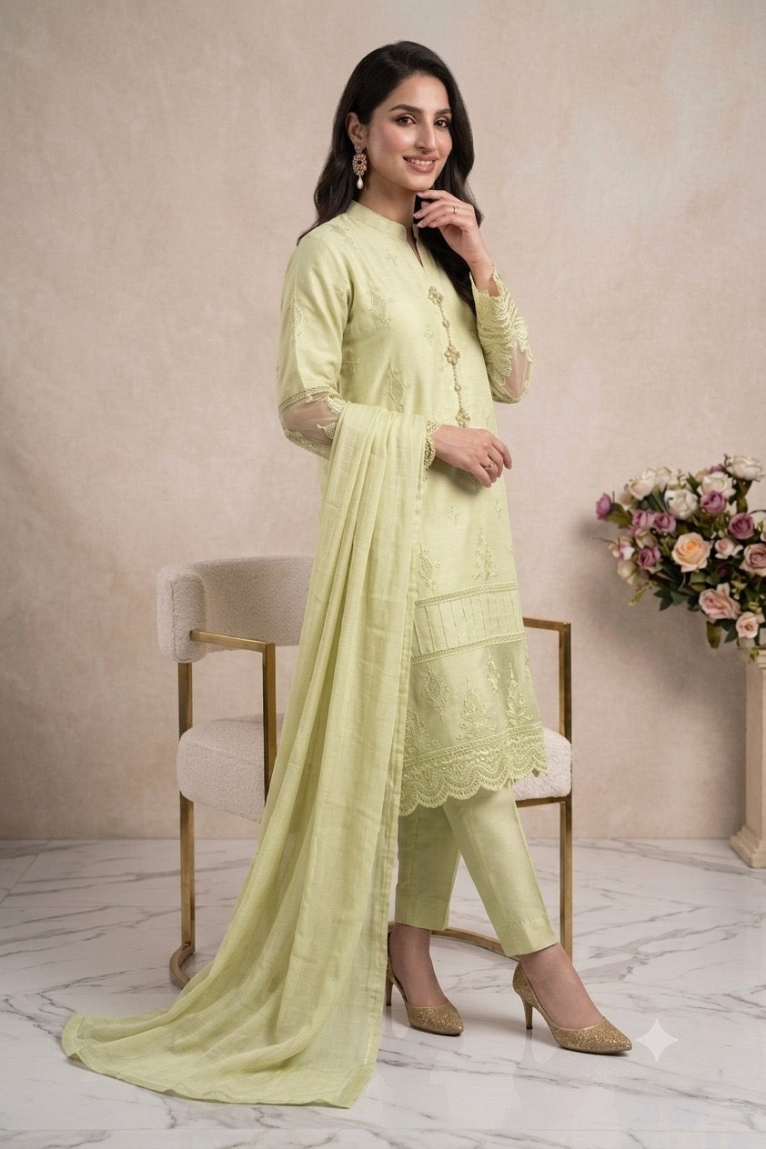 1114E - Pale Lime Embroidered Linen 3 Piece suit